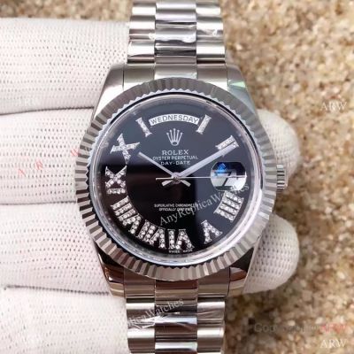 High Quality Copy Rolex Day-Date 40MM Watch MingZhu Movement SS Black Diamond Roman Face
